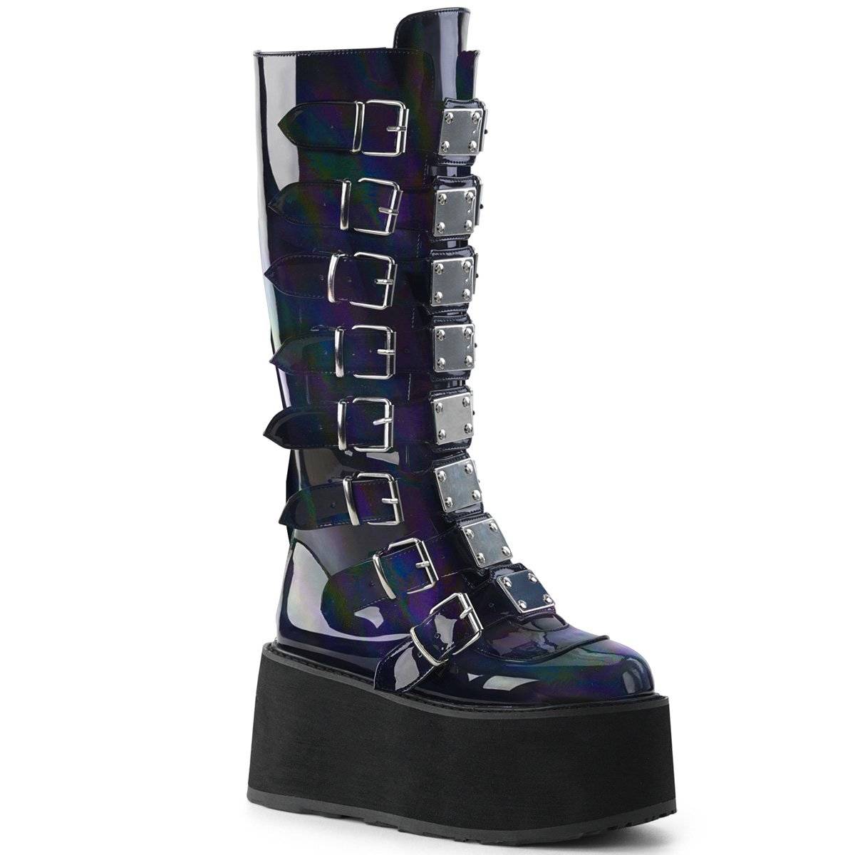Demonia Damned-318 Black Hologram Vegan Leather Ladies Knee High Boots South Africa Online ZA94385